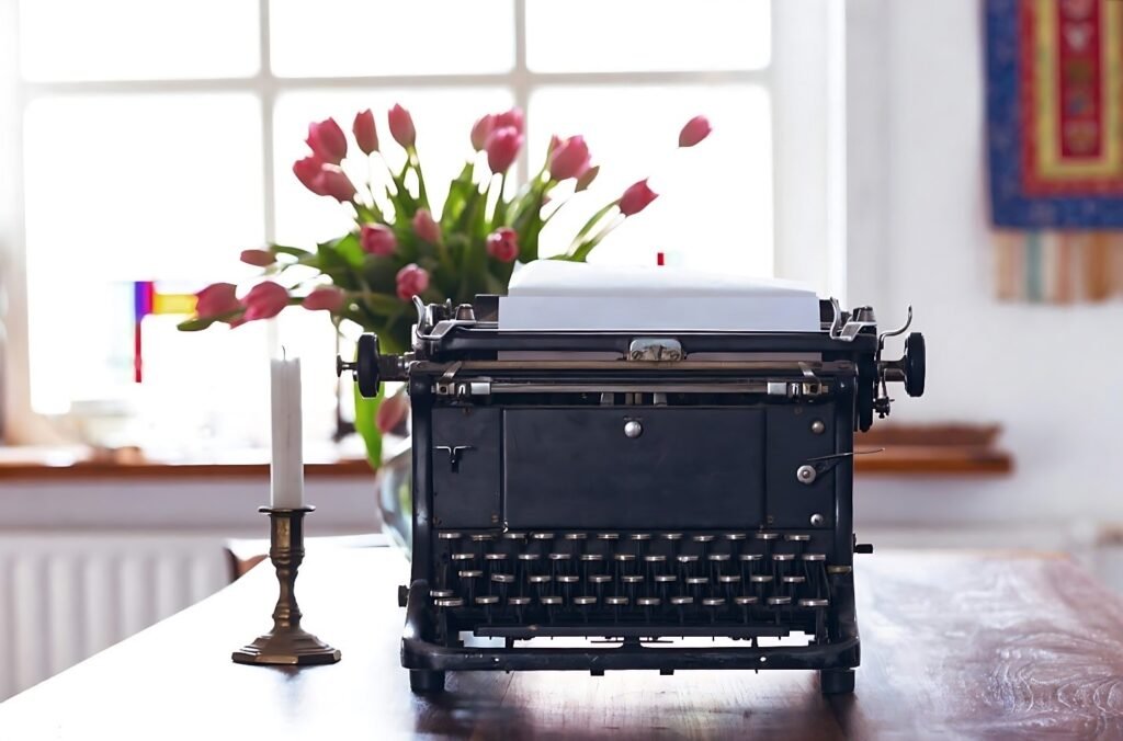 A vintage typewriter and a lit candle sit on a wooden table, surrounded by a vase with flowers and a flowerpot with green houseplants. The setting is indoors with a wall in the background.
