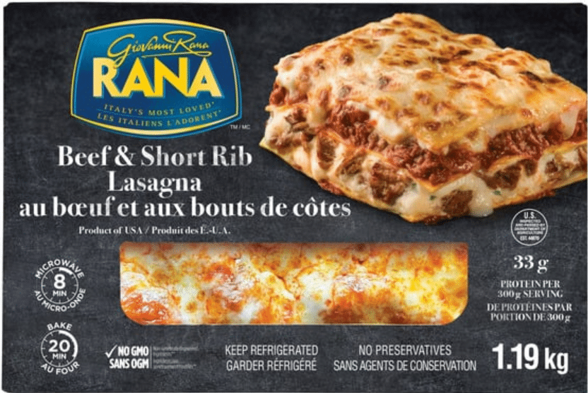 A package featuring beef and short efek lasagna alongside Giovanni Rana Organic Chicken Alfredo Tagliatelle.