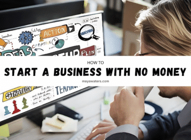 Infographic titled "How to Start a Business with No Money," featuring tips and strategies for entrepreneurs on a budget.