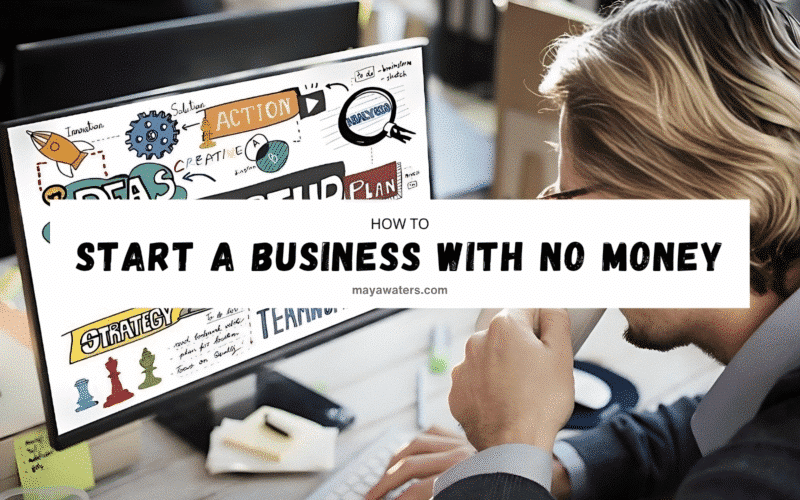 Infographic titled "How to Start a Business with No Money," featuring tips and strategies for entrepreneurs on a budget.