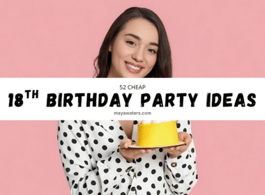 A woman with a big smile is holding a yellow cake, standing in a festive setting. She is wearing casual clothing and in banner written Ideas for 18th Birthday.
