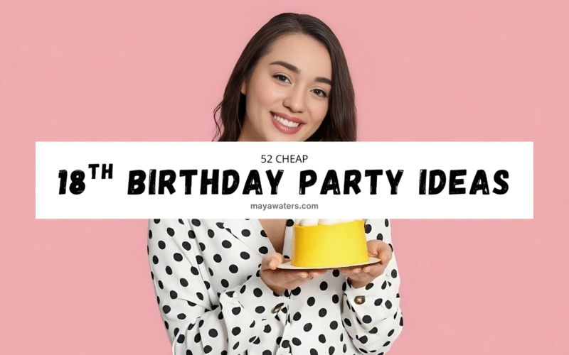 A woman with a big smile is holding a yellow cake, standing in a festive setting. She is wearing casual clothing and in banner written Ideas for 18th Birthday.