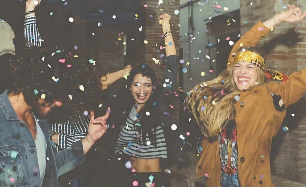 A lively group of friends celebrating together at a vibrant 18th birthday party, enjoying laughter and fun.