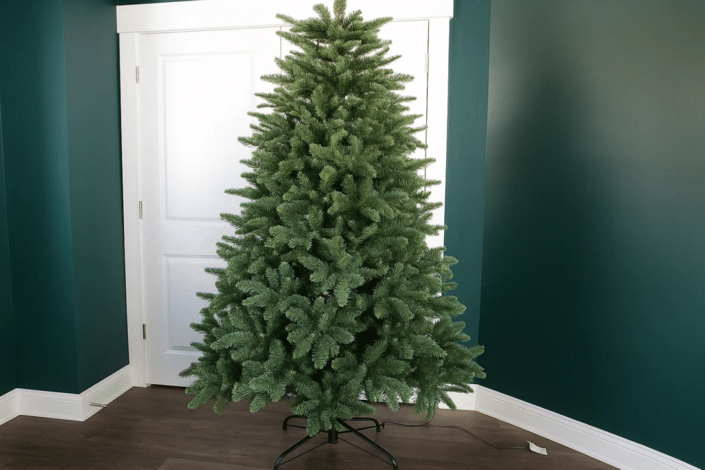 A tall green Christmas tree stands elegantly in a room, showcasing festive decorations and a stylish arrangement.