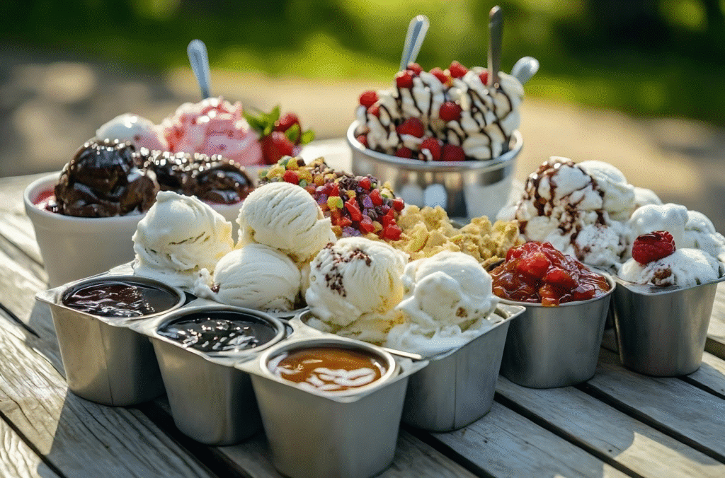 A variety of colorful ice cream scoops in metal bowls, showcased for a low-cost or free party event.