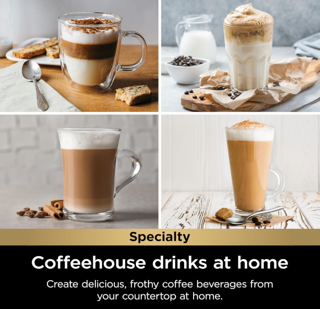 A Ninja Single Serve Coffee Maker with freshly brewed coffee and various coffeehouse drinks displayed on a kitchen counter.