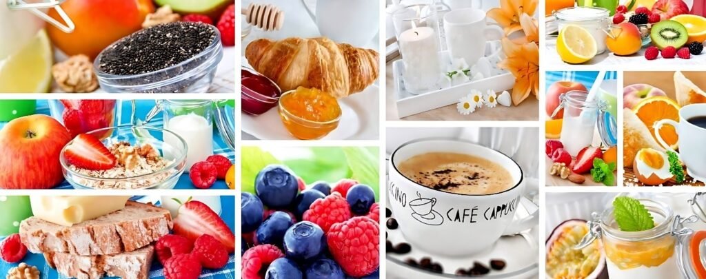 A colorful collage featuring a variety of foods including strawberries, oranges, and apples, representing different food groups and snacks. The arrangement highlights the sweetness and appeal of these fruits as part of a meal or dessert.