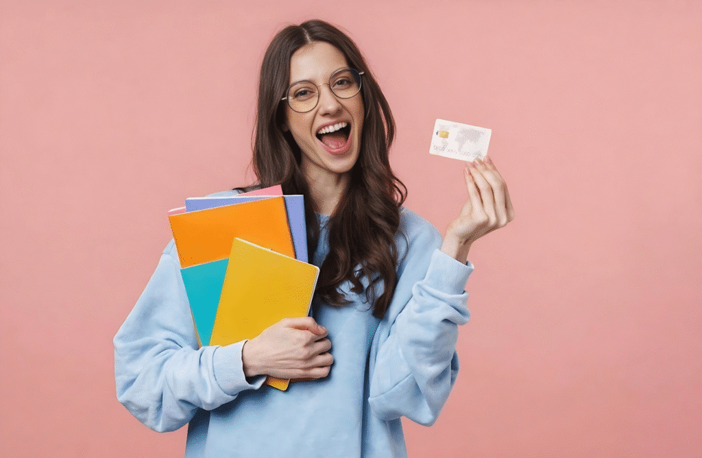 A woman holds a credit card and books, showcasing her Student ID Magic Card alongside her study materials.