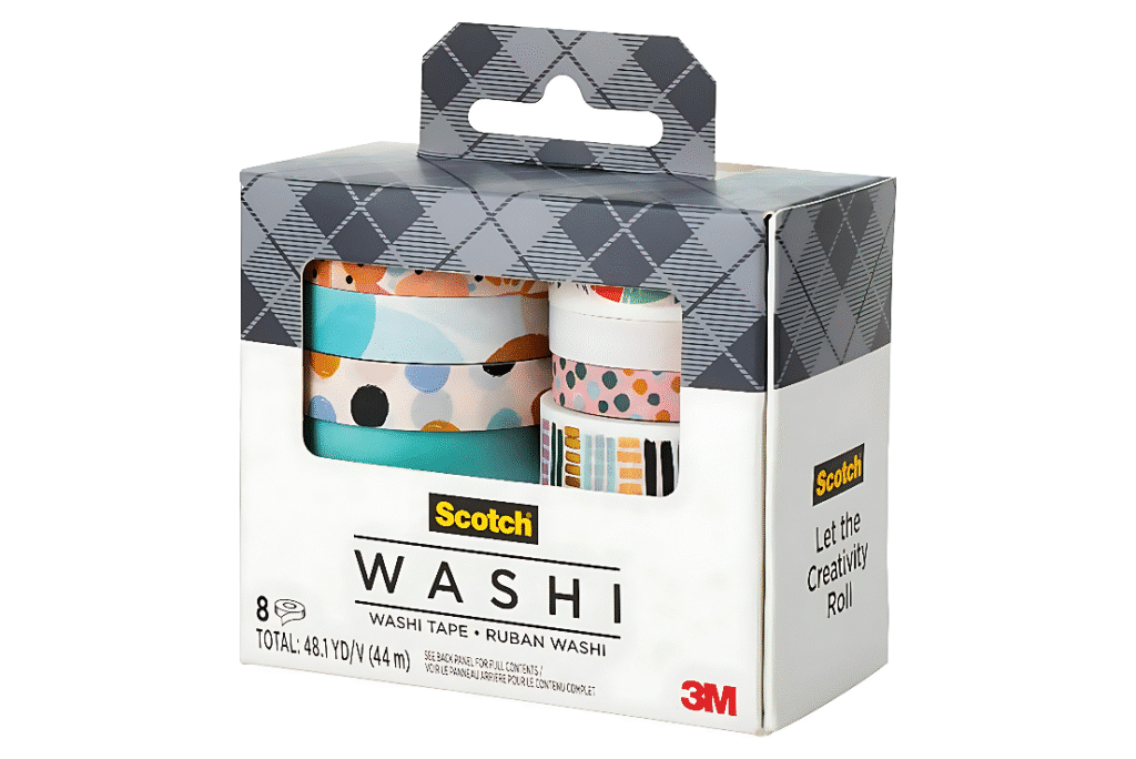 Scotch washi tape in packaging, designed for decorative wall applications, featuring vibrant colors and patterns.