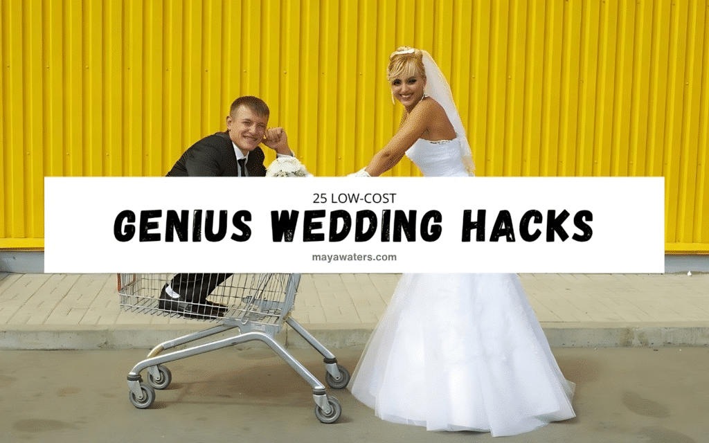 A bride and groom joyfully push a shopping cart labeled "Genius Wedding Hacks" during their wedding planning.