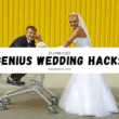 A bride and groom joyfully push a shopping cart labeled "Genius Wedding Hacks" during their wedding planning.