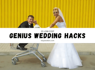 A bride and groom joyfully push a shopping cart labeled "Genius Wedding Hacks" during their wedding planning.