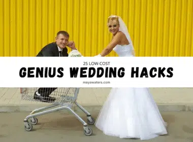 A bride and groom joyfully push a shopping cart labeled "Genius Wedding Hacks" during their wedding planning.