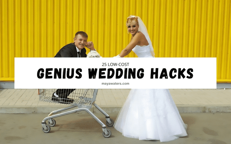 A bride and groom joyfully push a shopping cart labeled "Genius Wedding Hacks" during their wedding planning.