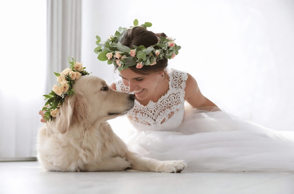 A woman in a wedding dress smiles beside a dog, illustrating the theme of wedding hacks that include pets.