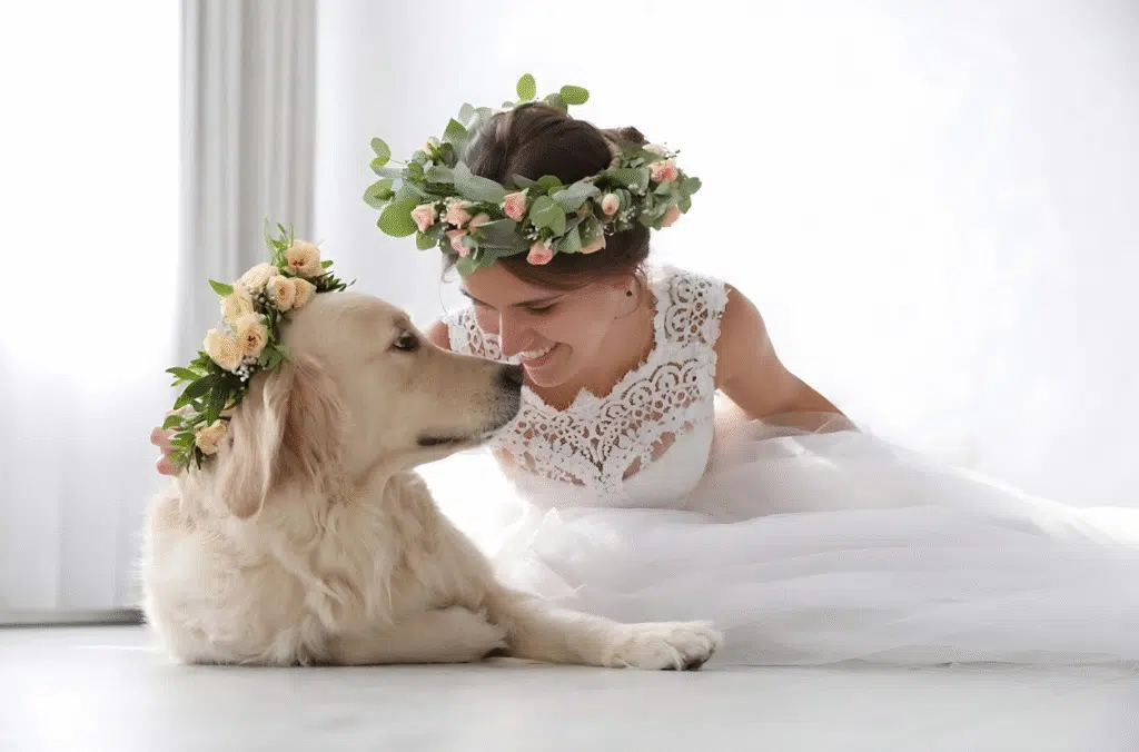 A woman in a wedding dress smiles beside a dog, illustrating the theme of wedding hacks that include pets.