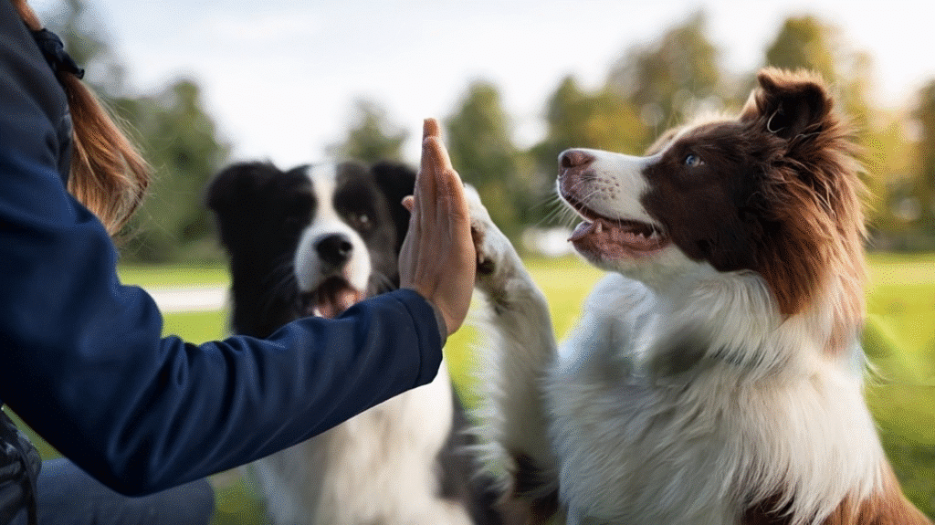 Two dogs giving each other high fives, showcasing playful interaction during a dog walking business outing.