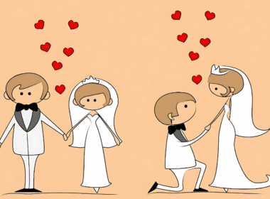 Cartoon wedding couple surrounded by hearts, perfect for wedding card quotes celebrating love and togetherness.