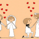 Cartoon wedding couple surrounded by hearts, perfect for wedding card quotes celebrating love and togetherness.