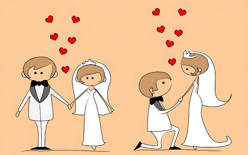 Cartoon wedding couple surrounded by hearts, perfect for wedding card quotes celebrating love and togetherness.