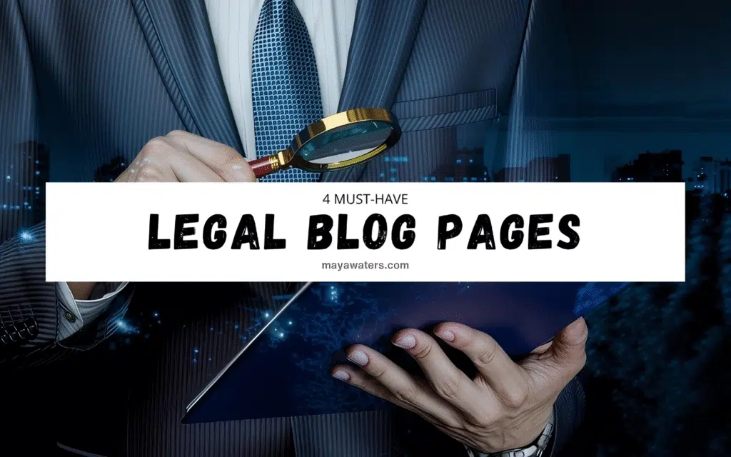 A man in a suit and tie holding a magnifying glass, looking closely at something. The background features text related to legal blog pages from mayawaters.com.