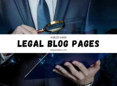 A man in a suit and tie holding a magnifying glass, looking closely at something. The background features text related to legal blog pages from mayawaters.com.