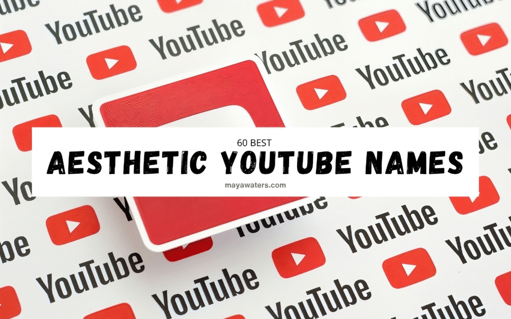 A close-up image of a logo featuring the word "YouTube" and banner written "Aesthetic Names for YouTube Channel" in various styles and arrangements, showcasing text in different fonts and designs with a predominant red color. The layout includes elements of graphic design and typography.