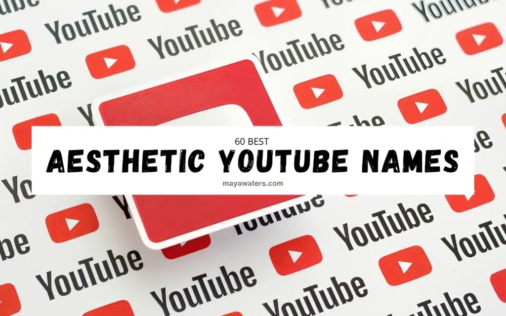 A close-up image of a logo featuring the word "YouTube" and banner written "Aesthetic Names for YouTube Channel" in various styles and arrangements, showcasing text in different fonts and designs with a predominant red color. The layout includes elements of graphic design and typography.