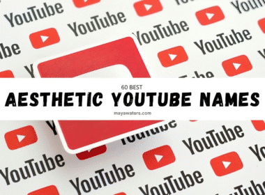 A close-up image of a logo featuring the word "YouTube" and banner written "Aesthetic Names for YouTube Channel" in various styles and arrangements, showcasing text in different fonts and designs with a predominant red color. The layout includes elements of graphic design and typography.