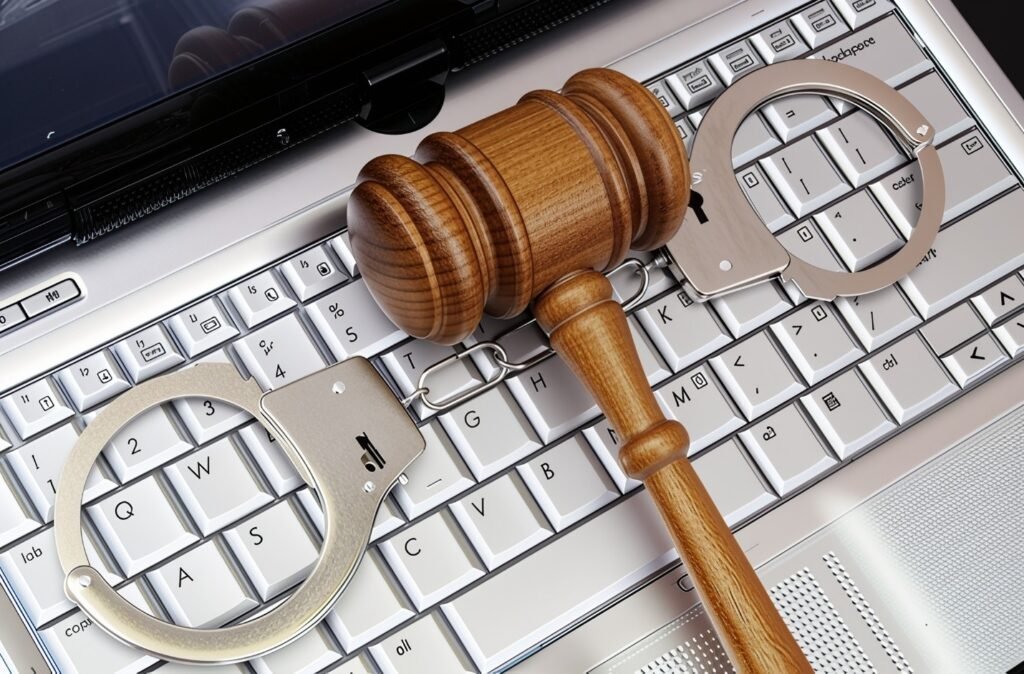 A gavel and handcuffs are placed on a keyboard with various keys visible, including numbers and letters.