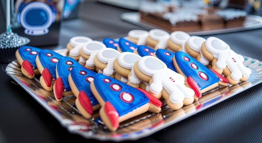 A tray filled with an assortment of freshly baked cookies arranged neatly, placed on a table with a blue tablecloth.