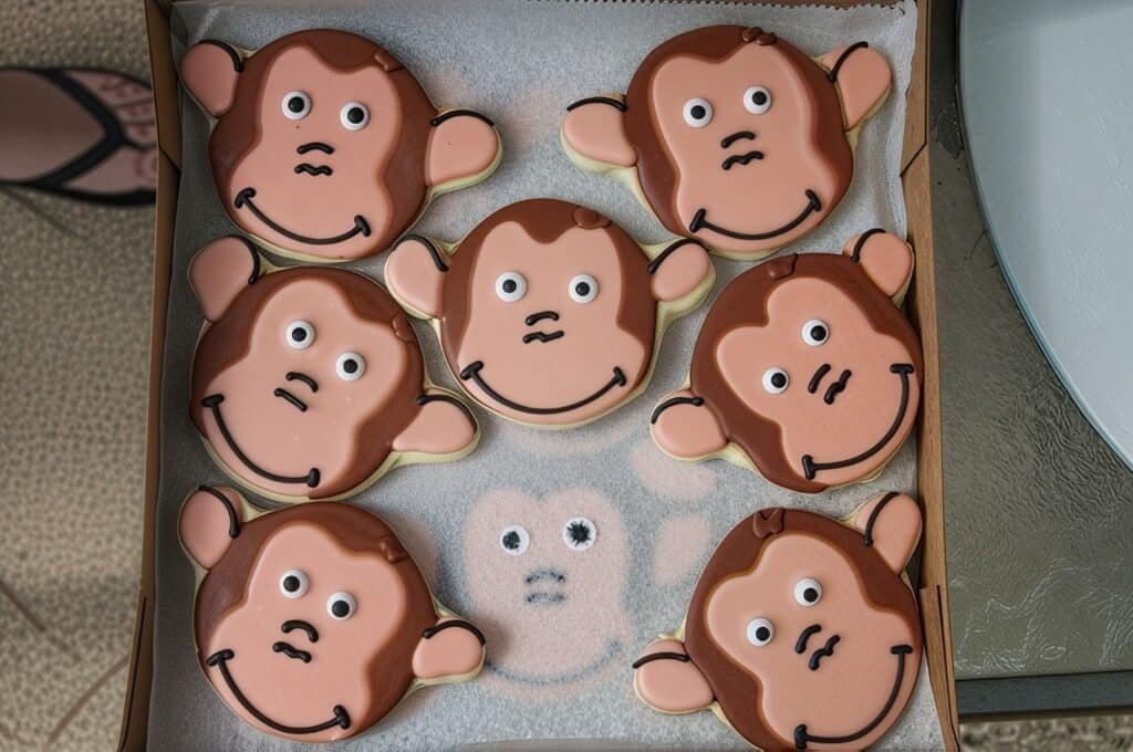 A box of cookies with various Cheeky Monkey Cookies Ready to Steal the Show displayed on them, placed indoors.