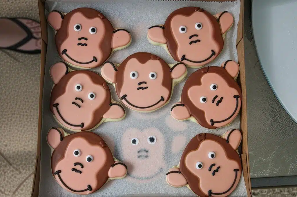 A box of cookies with various Cheeky Monkey Cookies Ready to Steal the Show displayed on them, placed indoors.