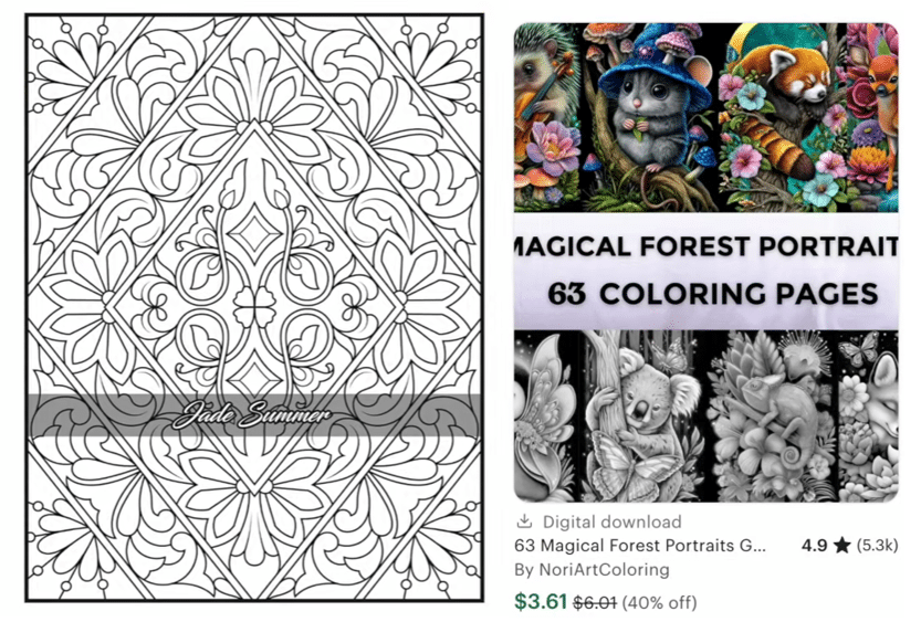 A coloring book featuring various magical forest portraits with 63 pages available for digital download, showcasing intricate designs for coloring enthusiasts.