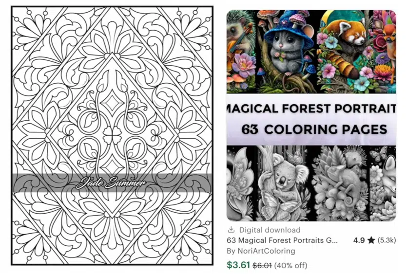 A coloring book featuring various magical forest portraits with 63 pages available for digital download, showcasing intricate designs for coloring enthusiasts.