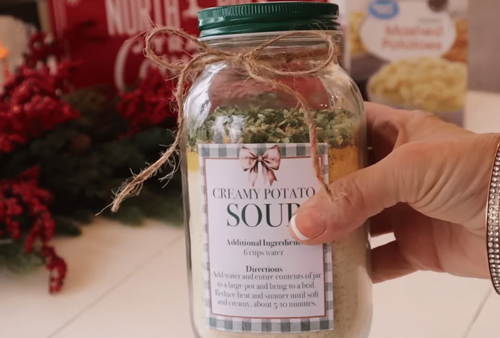 A person holding a jar labeled "Creamy Potato Soup Mix," showcasing the product's packaging and contents.