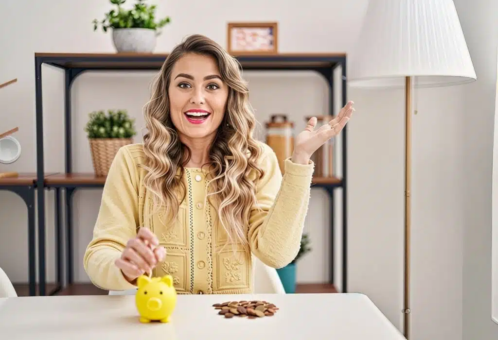 A woman with a smile is putting a coin into a piggy bank while sitting at a table with a vase in the background and symbolizing design your home to save your time and money.