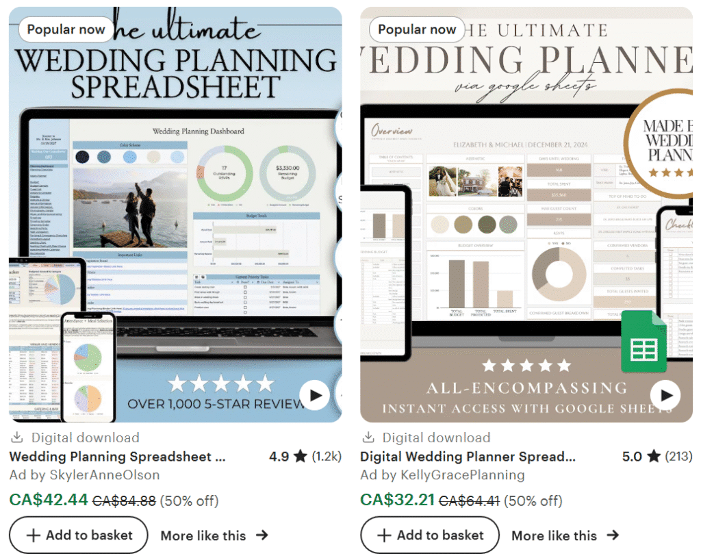 A screenshot of a wedding planner website featuring a digital wedding planning spreadsheet advertisement. The image includes text highlighting popular features, user reviews, and price details for the product. The layout contains various fonts and design elements typical of an online shopping page.