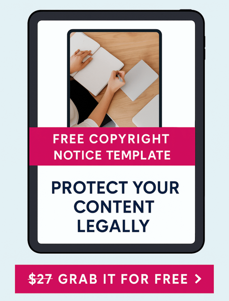 A screenshot of a cellphone displaying a free copyright notice template advertisement, emphasizing legal protection for content and offering it for free.