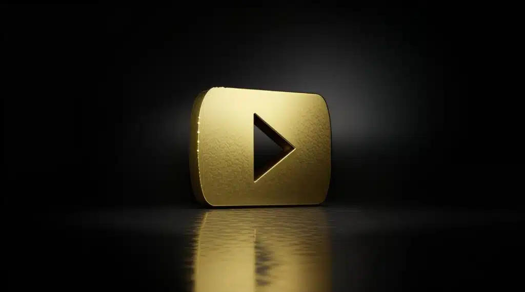 A gold play button featuring a black arrow, set against a softly lit background, showcasing still life photography.