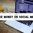 A laptop on a table next to two glasses of juice. The laptop screen displays the text "HOW TO MAKE MONEY ON SOCIAL MEDIA" followed by the website mayawaters.com.