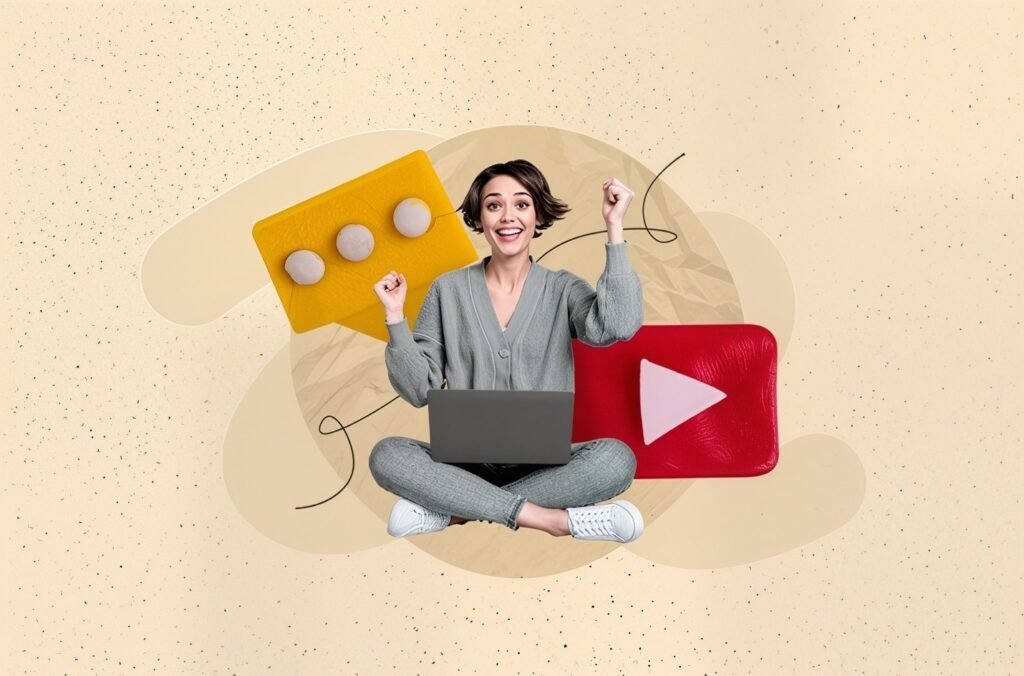 A woman sitting cross-legged on the floor, focused on her laptop. Around her are various video game icons, suggesting a YouTube Channel Names. She is wearing casual clothing and has an engaged expression on her face.
