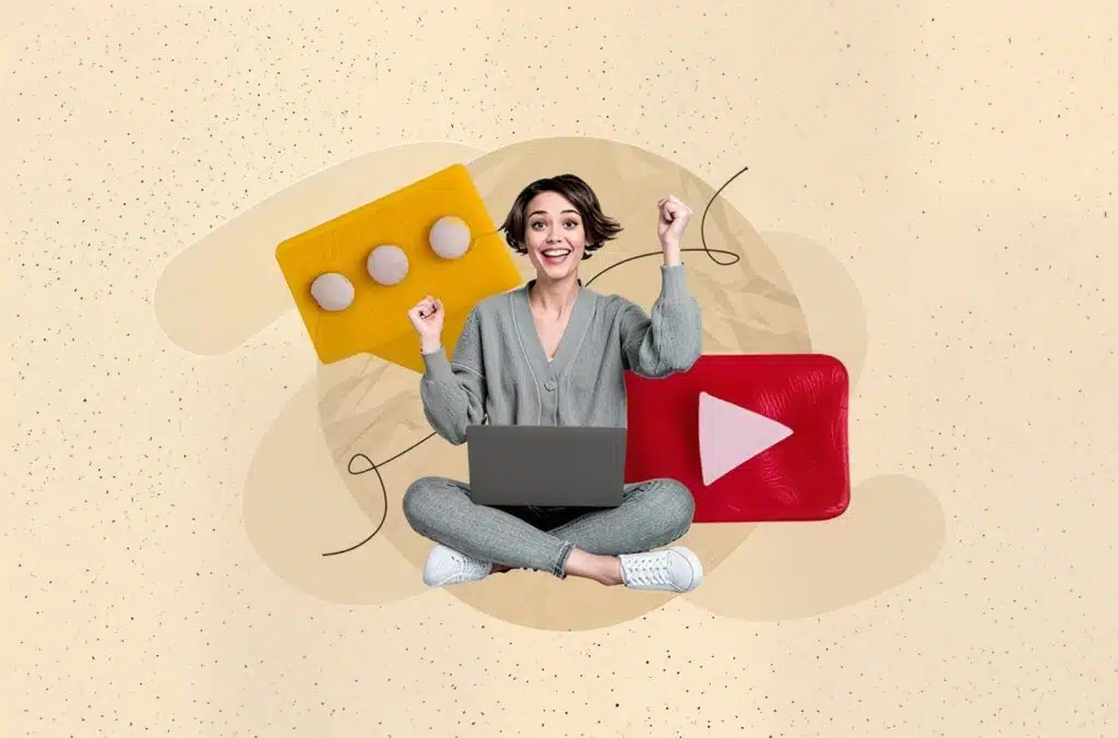 A woman sitting cross-legged on the floor, focused on her laptop. Around her are various video game icons, suggesting a YouTube Channel Names. She is wearing casual clothing and has an engaged expression on her face.