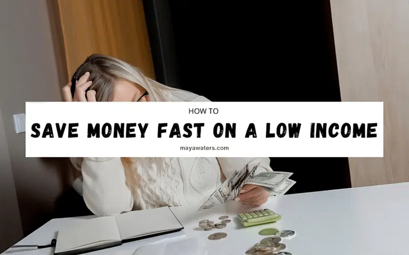 A woman indoors holding money in one hand and a calculator in the other, focused on How to Save Money Fast on a Low Income.