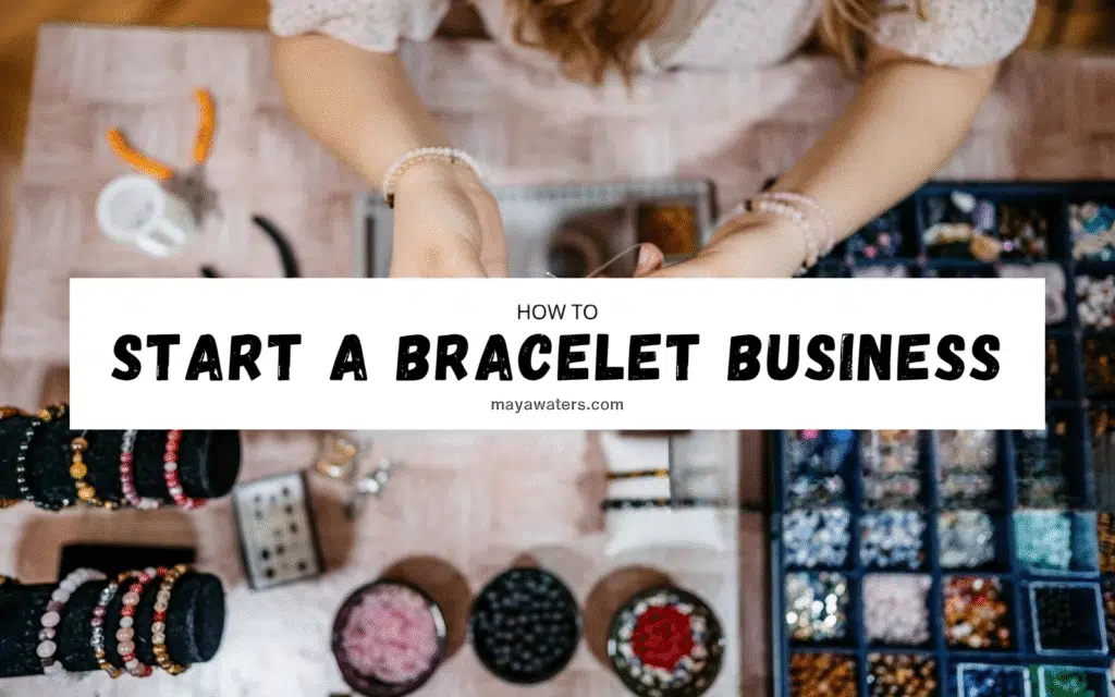 A woman indoors holding a string, looking focused on How to Start a Bracelet Business, with text about starting a bracelet business displayed.