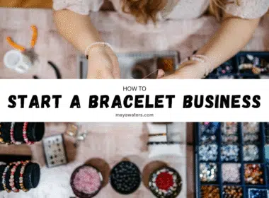 A woman indoors holding a string, looking focused on How to Start a Bracelet Business, with text about starting a bracelet business displayed.