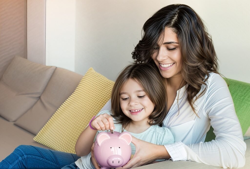 Make Extra Cash A woman and a child are sitting on a couch, both smiling as they put a coin into a piggy bank. The setting is indoors with a visible wall in the background. The woman is dressed in casual clothing while the child appears to be a toddler.