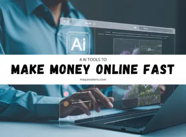 A person sitting indoors, wearing casual clothing, using a laptop while looking at a webpage titled "4 AI TOOLS TO MAKE MONEY ONLINE FAST" from mayawaters.com. The screen shows a screenshot related to making money online with AI tools.