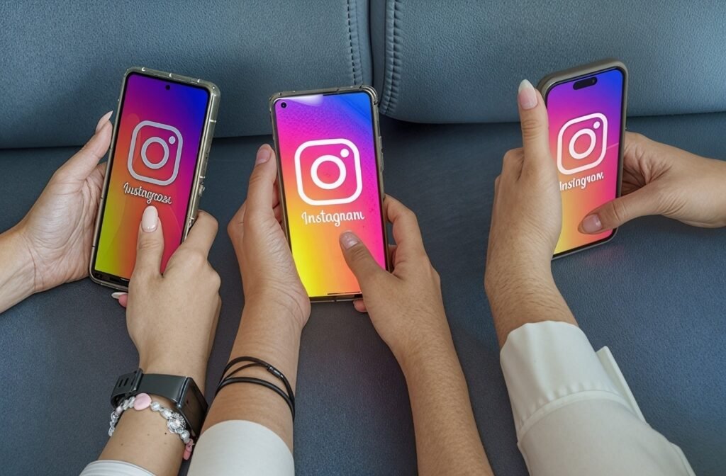 A group of hands holding cell phones displaying the Instagram app. The image features various manicured nails and fingers, suggesting a focus on cosmetics and fashion accessories.
