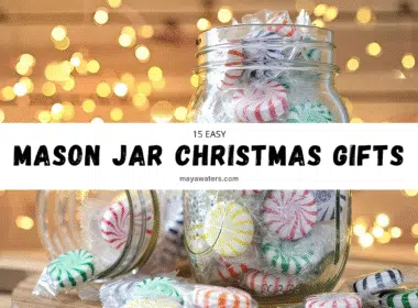 A collection of decorated mason jar Christmas Gifts filled with festive treats, arranged as Christmas gifts on a wooden table.